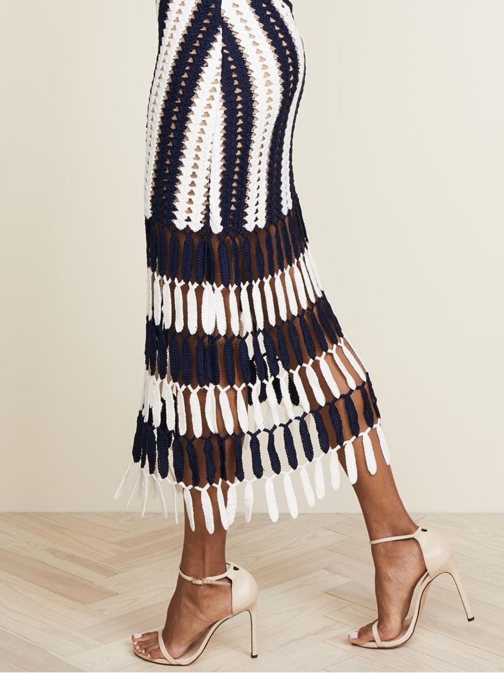 Self-Portrait Striped Crochet Knit Midi Skirt - Navy & White - Picture 3 of 8